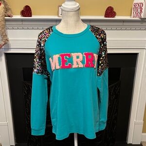Merry Sequin Sleeve Ladies Shirt - Teal